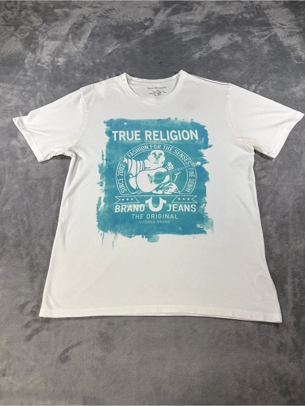 Vintage True Religion Men’s White Tee with Teal Graphic Logo